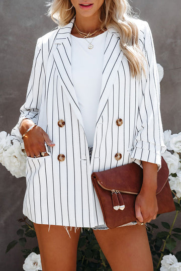 White Double Breasted Pocketed Striped Blazer